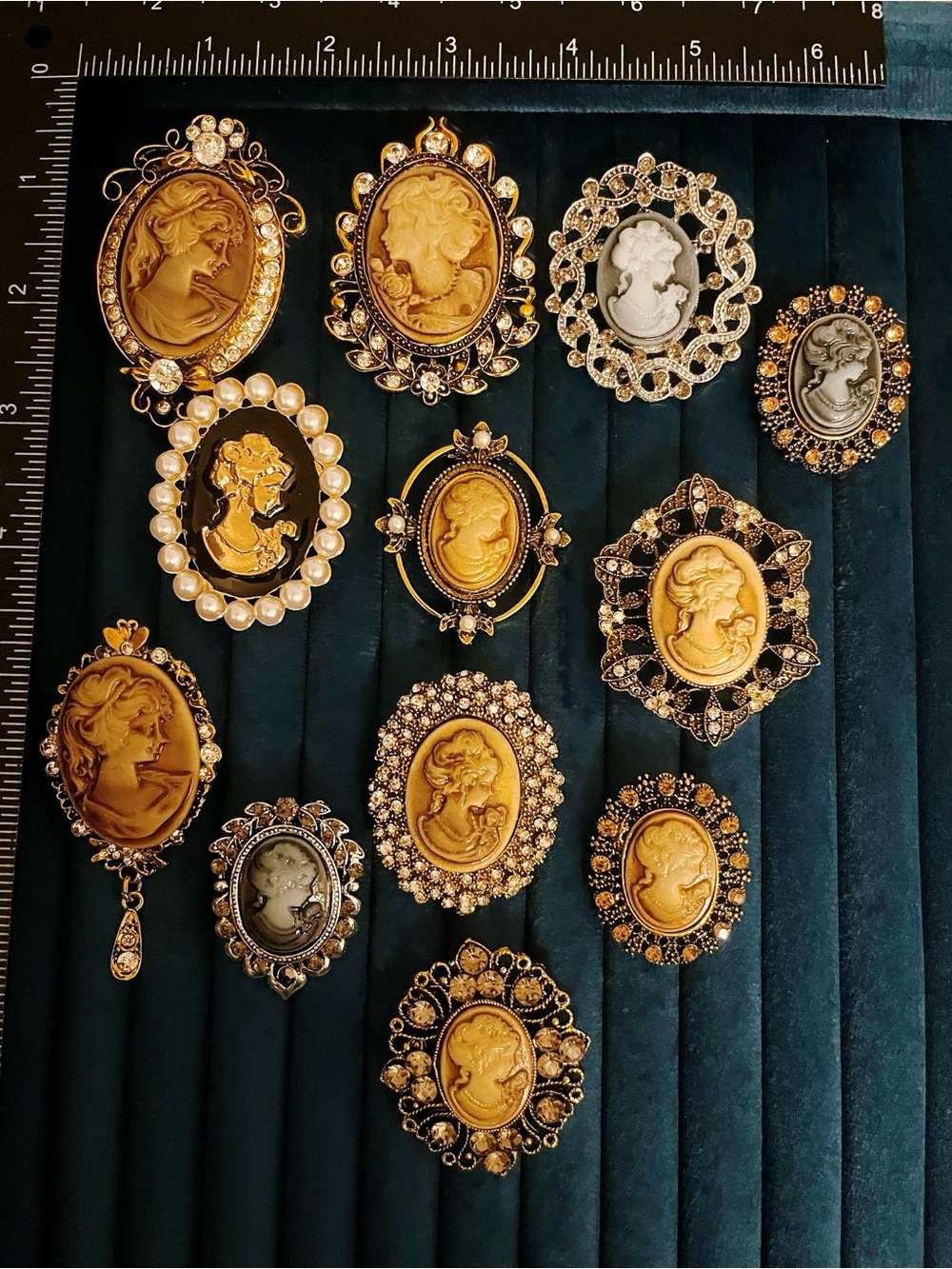 Vintage Style Cameo Brooch Lot 12 Rhinestone Gold Tone Lady Portrait Pins Mixed